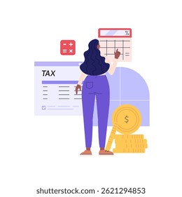 Cálculo de imposto. As pessoas pagam impostos com uma calculadora. Serviço de administração financeira. Conjunto de gestão financeira, dívida, deveres, auditoria e contabilidade. Ilustração vetorial para interface do usuário, faixa