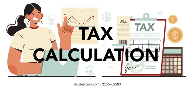 Encabezado tipográfico de cálculo de impuestos. Tendero profesional. Análisis contable y financiero. Operaciones financieras de creación de caracteres empresariales. Ilustración del vector