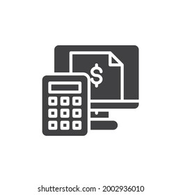 Tax calculation vector icon. Computer with money and calculator filled flat sign for mobile concept and web design. Financial accounting glyph icon. Symbol, logo illustration. Vector graphics