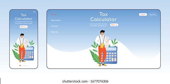 Tax calculator adaptive landing page flat color vector template. Bills payment mobile and PC homepage layout. Taxpayers tool one page website UI. Financial literacy webpage cross platform design