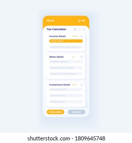 Plantilla vectorial de la interfaz de smartphone de la aplicación de cálculo de impuestos. Diseño de modo de día de la aplicación móvil. Detalles de ingresos e inversiones en pantalla. IU plana para la aplicación. Pantalla de teléfono del estimador de impuestos