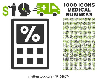 Tax Calculator icon with 1000 medical commercial eco green and gray vector pictographs. Clipart style is flat bicolor symbols, white background.