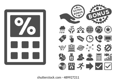 Tax Calculator icon with bonus clip art. Vector illustration style is flat iconic symbols, gray color, white background.