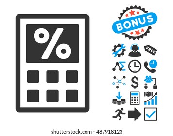 Tax Calculator icon with bonus pictograph collection. Vector illustration style is flat iconic bicolor symbols, blue and gray colors, white background.