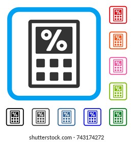 Tax Calculator icon. Flat gray pictogram symbol inside a light blue rounded squared frame. Black, gray, green, blue, red, orange color variants of Tax Calculator vector.