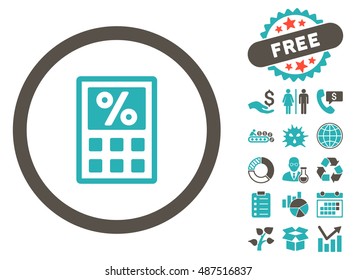Tax Calculator icon with free bonus pictograph collection. Vector illustration style is flat iconic bicolor symbols, grey and cyan colors, white background.