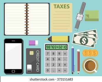 TAX calculator machine and office element in top view. Flat design for business financial marketing banking advertisement office people life property stock fund in minimal concept cartoon illustration