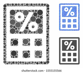 Tax calculator mosaic of round dots in different sizes and color tints, based on tax calculator icon. Vector round dots are united into blue mosaic.