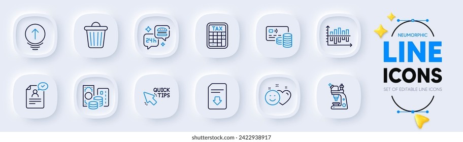 Steuerrechner, Mülleimer und Lebensmittel-Lieferlinien-Icons für Web-App. Pack of Swipe up, Card, Kreditkarte Piktogramm Symbole. Download-Datei, Diagramm Diagramm, Lächelzeichen. Mikroskop, Schnelle Tipps. Vektorgrafik