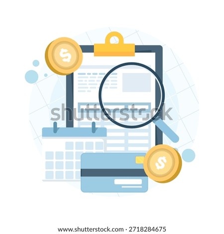 Tax calendar background with tax report, payment card, calendar, and coins. Vector illustration for tax payments, financial planning, and accounting concepts.