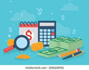 Tax calendar and money icons on blue background