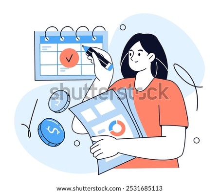 Tax calendar and schedule. Character timely preparing documents for tax return calculation. Accountant at work. Vector illustration.