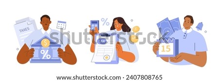 Tax calendar and schedule concept illustration. Collection of characters preparing documents for tax return calculation and filling tax declaration form. Vector illustration isolated 