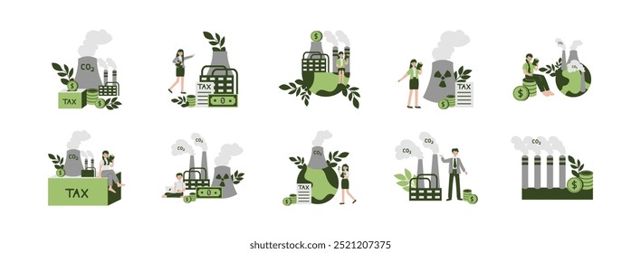 Tax Carbon flat illustration set. Include of eco energy, factory, emission carbon, and industrial plant. Vector illustration isolated.