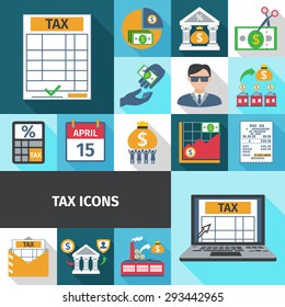 Tax charge fees and payment date flat color long shadows icon set isolated vector illustration