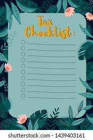 Tax checklist. Cute floral jungle design for bullet journal and planner book.