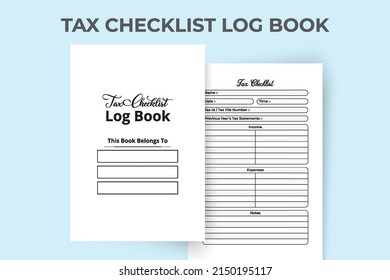 Tax checklist log book interior. Business tax information tracker and income statement checker template. Interior of a journal. Government tax information checklist notebook interior.