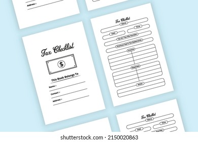 Tax checklist notebook interior. Employee tax information checker and expense tracker template. Interior of a journal. Tax information and income statement journal interior.