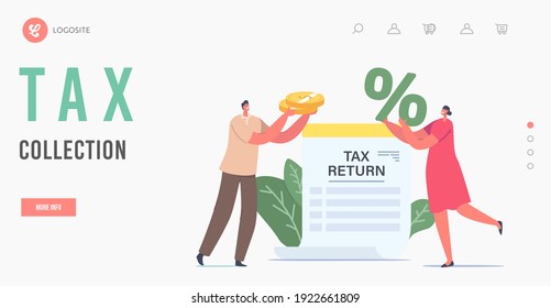 Tax Collection Landing Page Template. Tiny Characters Holding Huge Golden Coins and Percent Symbol at Tax Return Paper Document. Money Cashflow, Taxation, Income. Cartoon Vector People Illustration