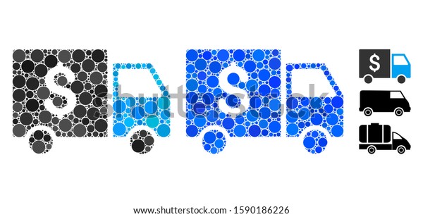 Tax collector car\
composition of round dots in various sizes and shades, based on tax\
collector car icon. Vector round elements are organized into blue\
illustration.