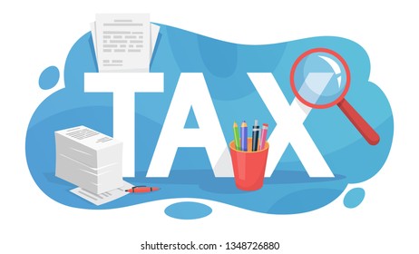 Tax concept banner. Idea of accounting and payment. Financial bill. Data in the document and paperwork. Flat vector illustration