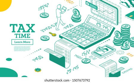 Concepto de impuestos en estilo isométrico 3d. Ilustración vectorial. Dinero en efectivo en pilas y calculadora aislada en blanco. Formulario y gráfico de impuestos.