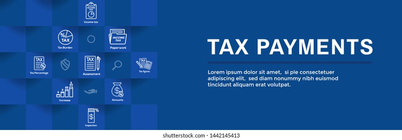 Tax Concept With Percentage Paid, Icon And Income Idea. Flat Vector Outline Illustration Web Header Banner