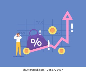 tax concept. taxes are increasing. tax rates increase. a man was surprised to see data about taxes continuing to rise. taxation issues. fees or contributions. up several percent. illustration concept 