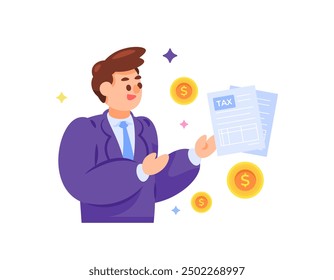 tax consultant concept. consulting services related to taxation. illustration of a tax expert or staff with tax documents and coins. job or profession. flat style character design. graphic elements