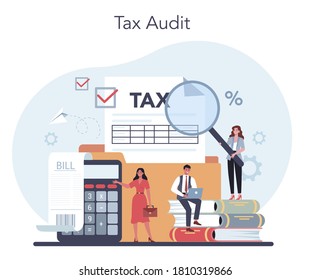 Tax consultant concept. Idea of accounting and payment. Financial bill. Tax audit, consultation, analysis of tax payments. Flat vector illustration