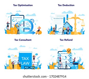 Tax consultant concept set. Idea of accounting and payment. Financial bill. Tax optimization, deduction and refund. Flat vector illustration