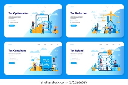 Tax consultant concept web banner or landing page set. Idea of accounting and payment. Financial bill. Tax optimization, deduction and refund. Flat vector illustration