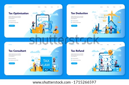 Tax consultant concept web banner or landing page set. Idea of accounting and payment. Financial bill. Tax optimization, deduction and refund. Flat vector illustration