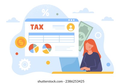 Tax consultant concept. Woman with laptop near table with statistics and infographics. Young girl with graphs and diagrams. Financial advisor and accountant. Cartoon flat vector illustration