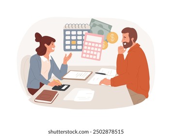 Tax consultant isolated cartoon vector illustrations. Small business owner talks with tax consultant, money management, financial security, budget accounting, profit audit vector cartoon.