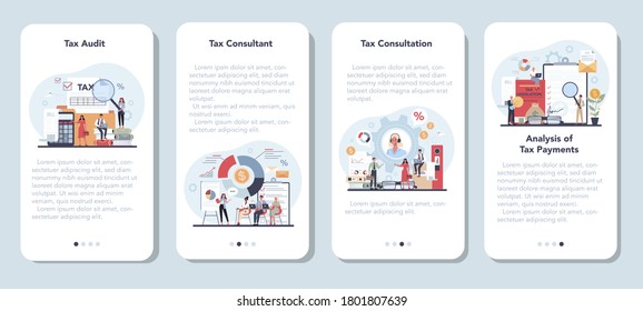 Tax consultant mobile application banner set. Idea of accounting and payment. Financial bill. Tax audit, consultation, analysis of tax payments. Flat vector illustration