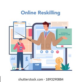 Tax consultant online service or platform. Idea of accounting and payment. Financial bill examination. Online reskilling. Flat vector illustration