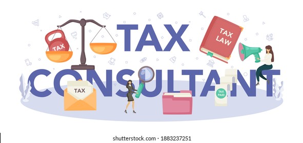 Encabezado tipográfico de consultor de impuestos. Idea de ayuda contable y análisis de contrato de pago. Asistencia para la auditoría de las cuentas financieras. Optimización de impuestos, deducción y reembolso. Ilustración vectorial plana