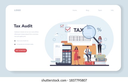 Tax consultant web banner or landing page. Idea of accounting and payment. Financial bill. Tax audit, consultation, analysis of tax payments. Flat vector illustration