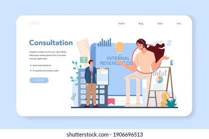 Tax consultant web banner or landing page. Idea of accounting and payment. Financial bill examination. Tax optimization, planning and refund. Flat vector illustration