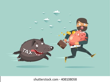 Tax consulting, tax planning and tax optimization funny concept. Businessman with briefcase and Piggy Bank run away from Taxes wolf. Vector colorful illustration in flat style