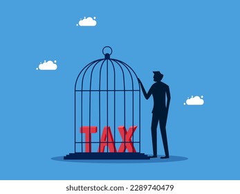 Tax control. man locking taxes in a birdcage. business concept