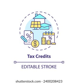 Tax credits multi color concept icon. Reduction of income taxes. Type of financial benefit. Fiscal policy. Easy to use in article. Round shape line illustration. Abstract idea. Graphic design