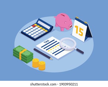 Tax day 3D isometric vector concept for banner, website, illustration, landing page, flyer, etc