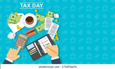Tax day banner. Man calculates the cost of a calculator and writes the amount of expenses in a notebook. Scattered notes and coins. Flat vector illustration on blue background.