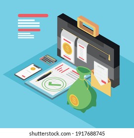 tax day, briefcase documents calculator money and smartphone vector illustration isometric