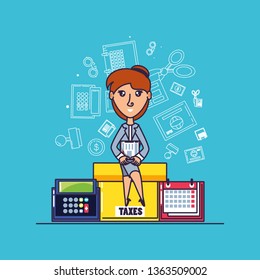 tax day with businesswoman and set icons