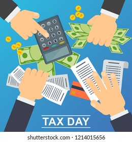 Tax day concept. Businessmen hold bills and money to pay taxes. Flat vector illustration on blue background.
