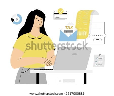 Tax day concept. Data analysis, paperwork, financial research, report. Woman working on a laptop. Vector illustration on isolated white background.