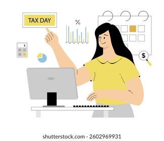 Tax day concept. Government taxation, invoice payment, online banking. Woman making transaction using computer. Vector illustration on isolated white background.	
